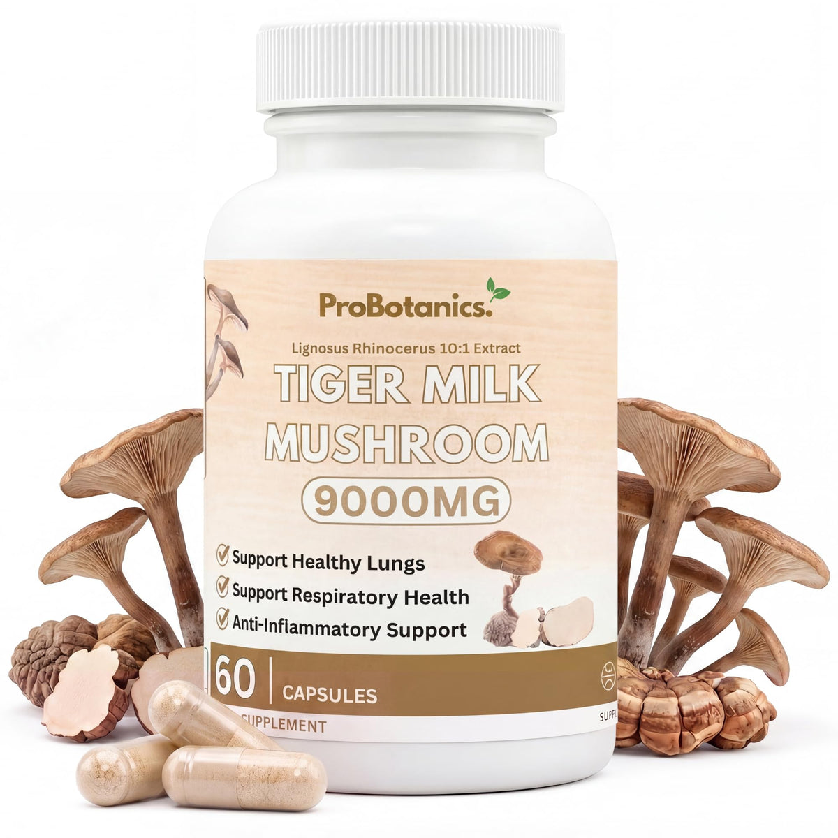 Tiger Milk Mushroom Capsules — bottle front with 9000mg label, loose capsules and dried mushrooms