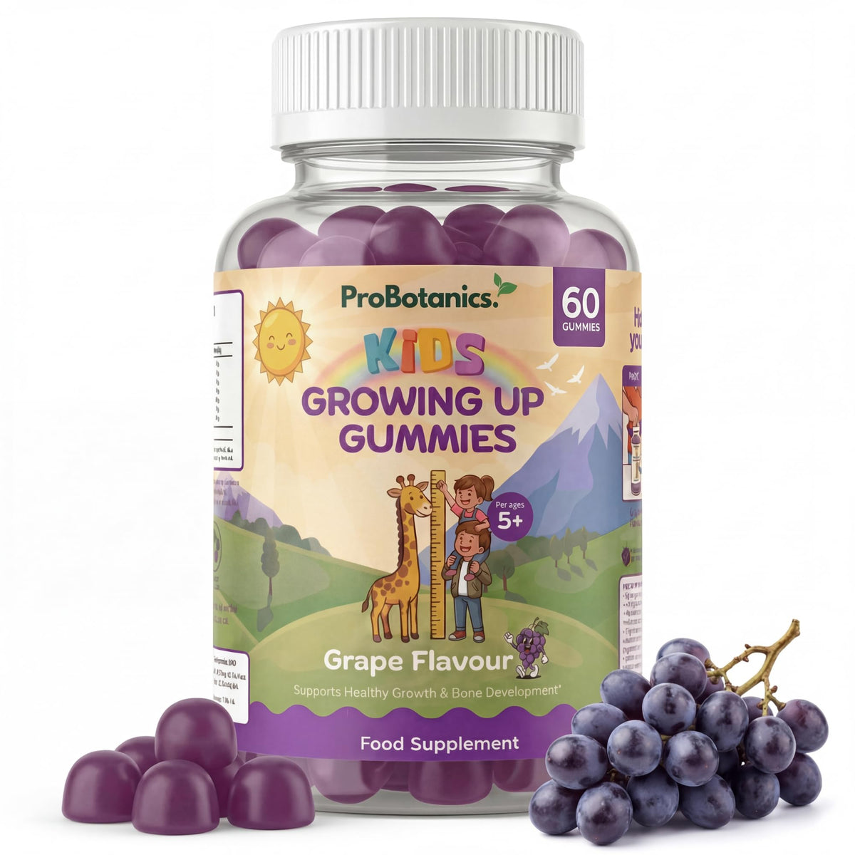 Kids Growing Up Gummies — bottle front with 60 grape flavour gummies label and fresh grapes