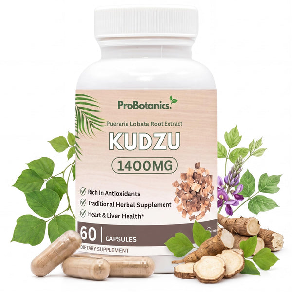 Kudzu capsules — bottle front with 1400mg Pueraria lobata root extract label, capsules and root slices