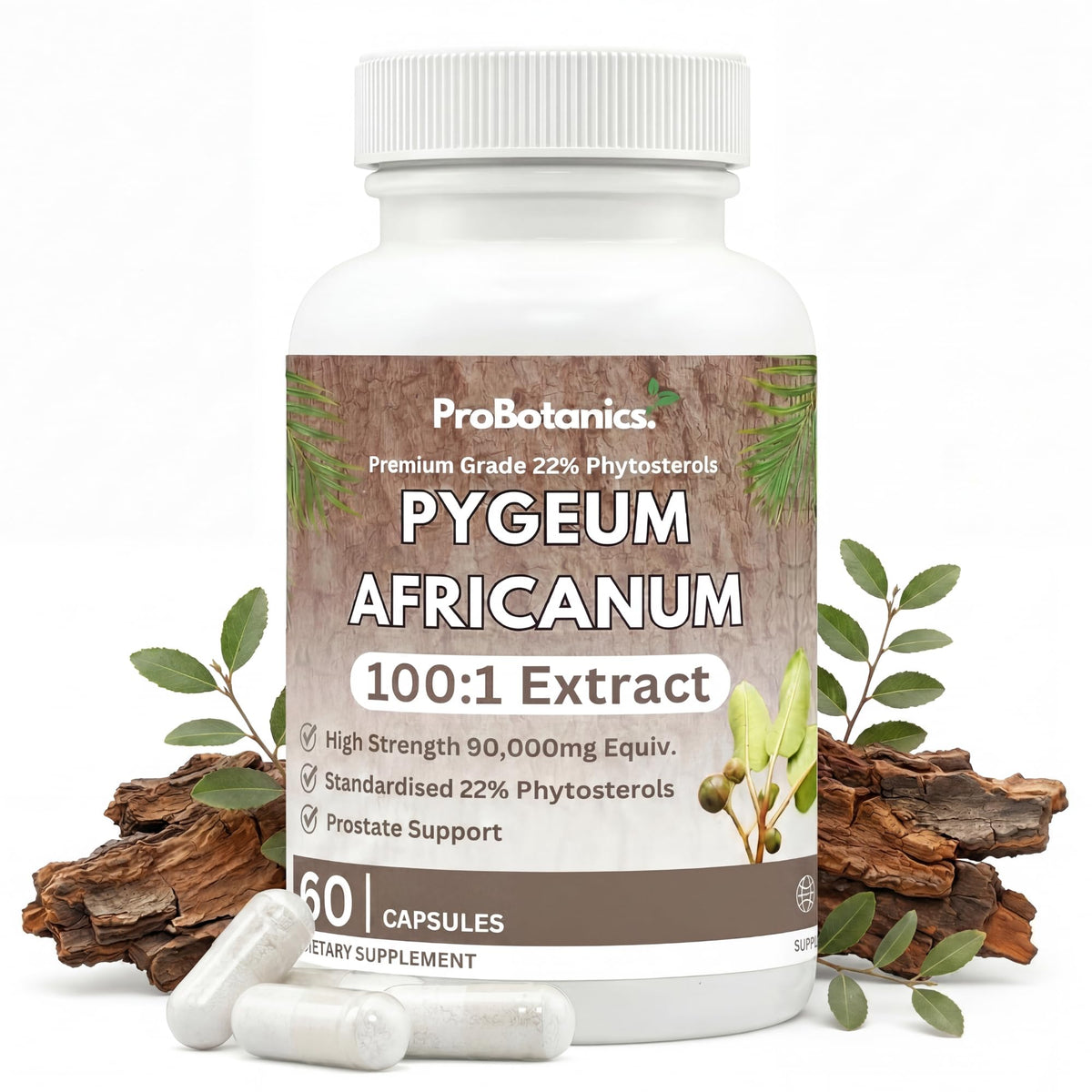 Pygeum Africanum capsules — bottle front with 60 capsules label, bark pieces and loose capsules