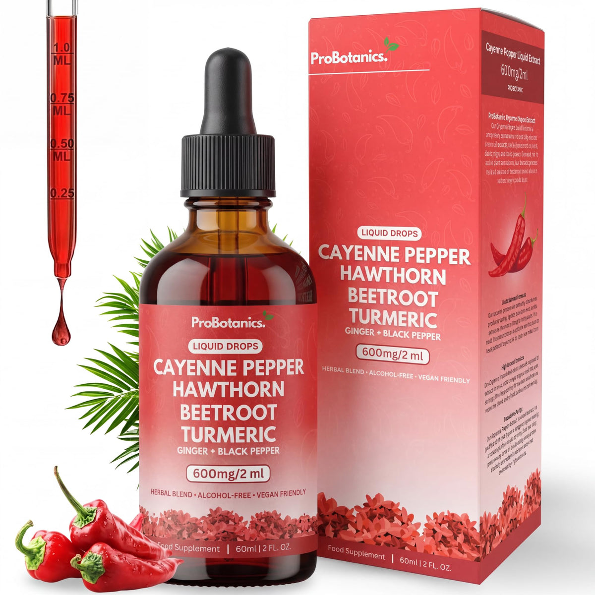 Cayenne Pepper Drops — bottle and box front with filled dropper and fresh chillies