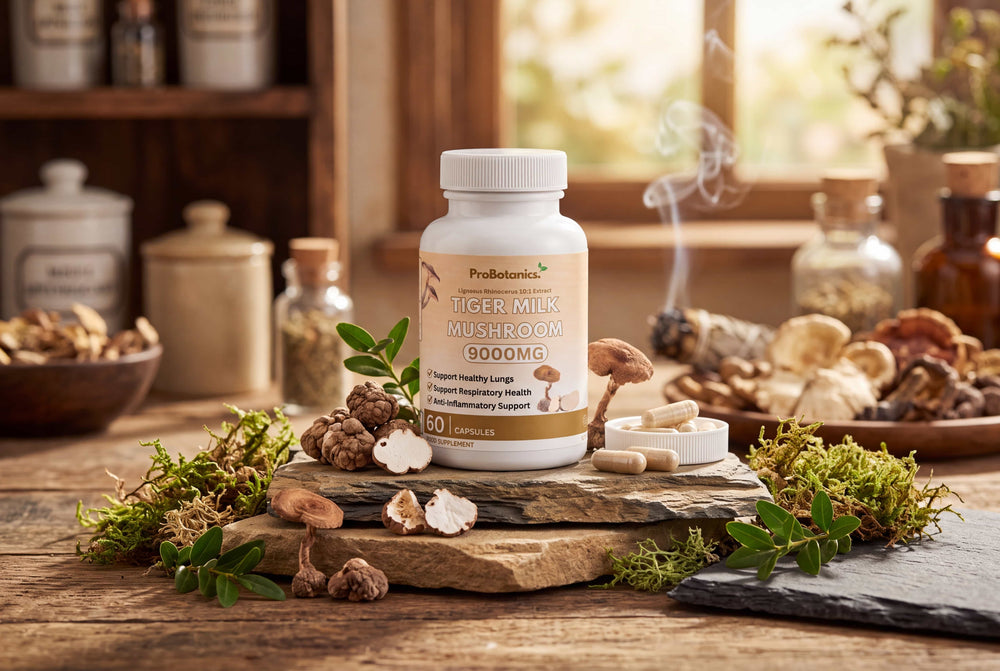 Tiger Milk Mushroom — bottle and packaging on a clean surface, natural light