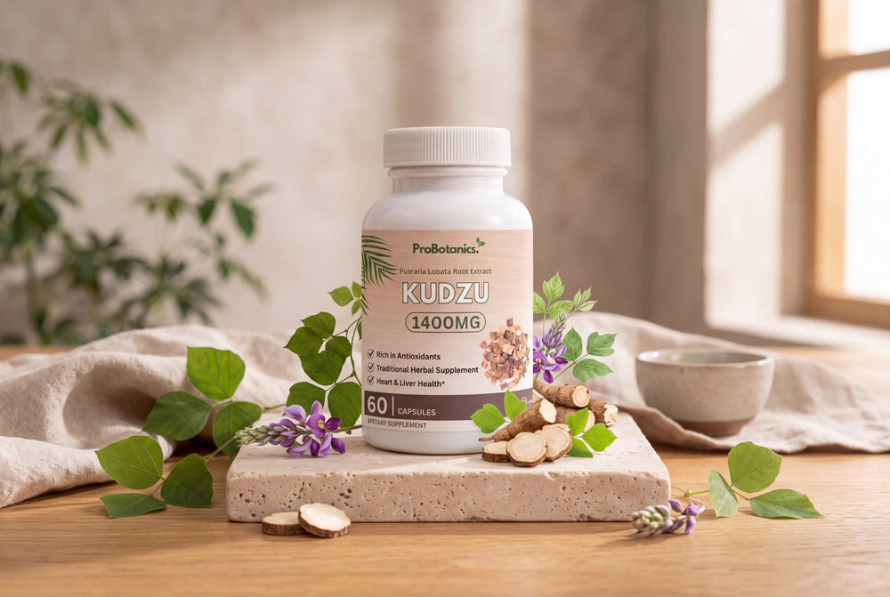 Kudzu — bottle and packaging on a clean surface, natural light