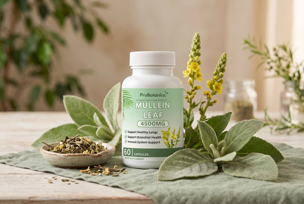 Mullein Leaf — bottle and packaging on a clean surface, natural light