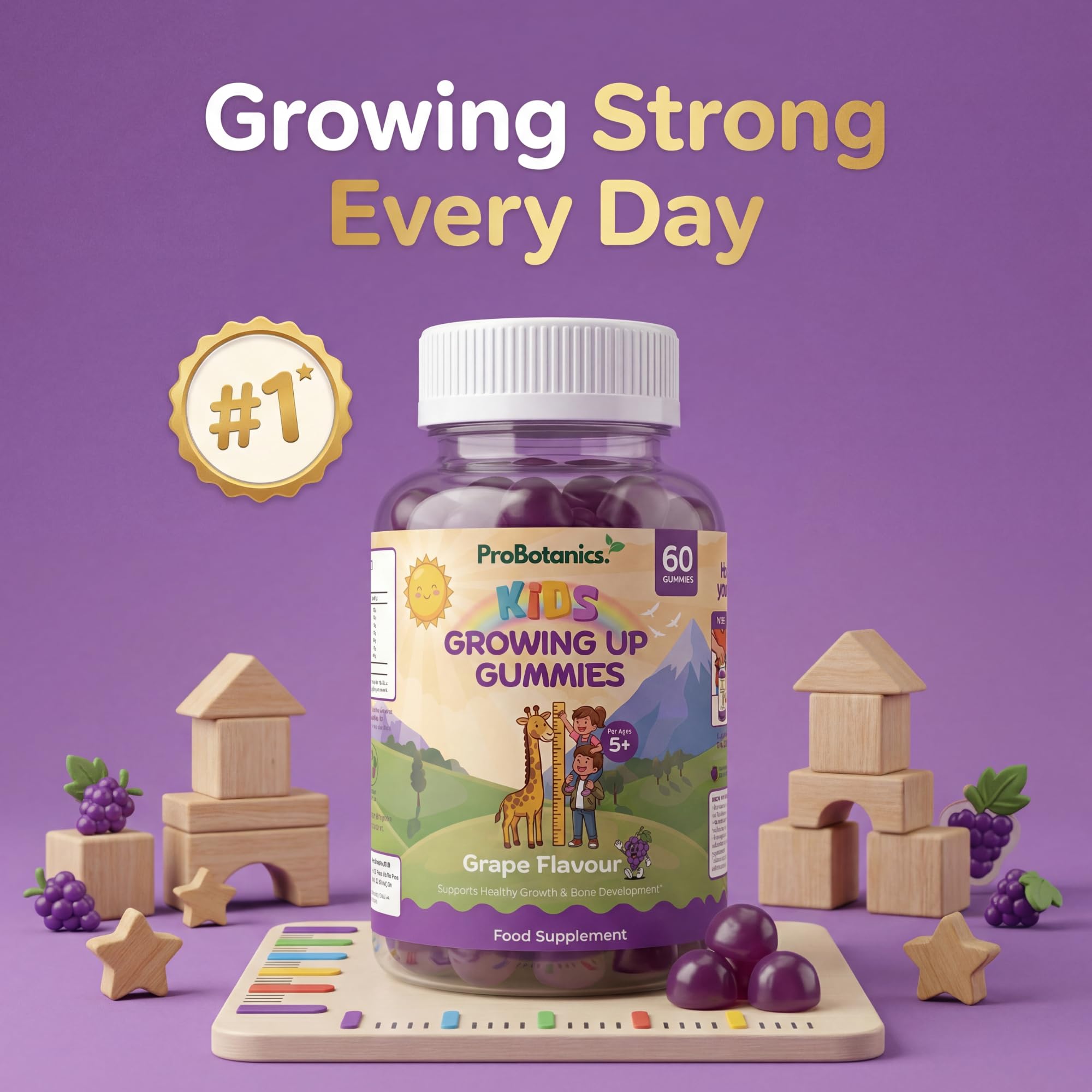 Kids Growing Up Gummies — bottle on play mat with wooden toy blocks