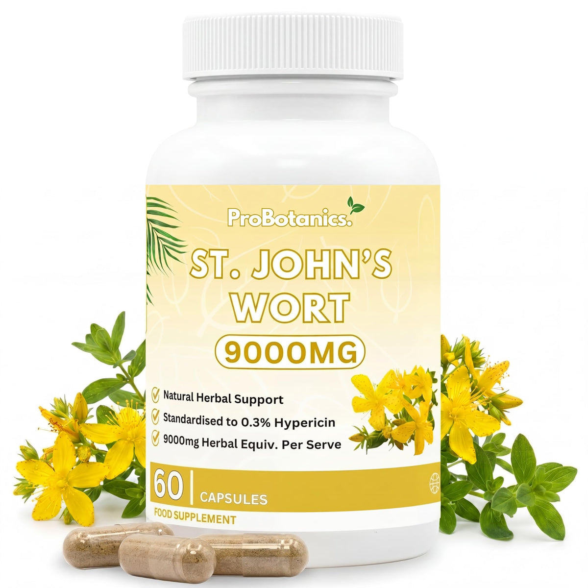St John's Wort Capsules — bottle front with 60 capsules label, yellow flowers and two capsules