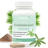 Chanca Piedra Stone Breaker capsules — bottle front with 60 capsules label, loose powder and capsules