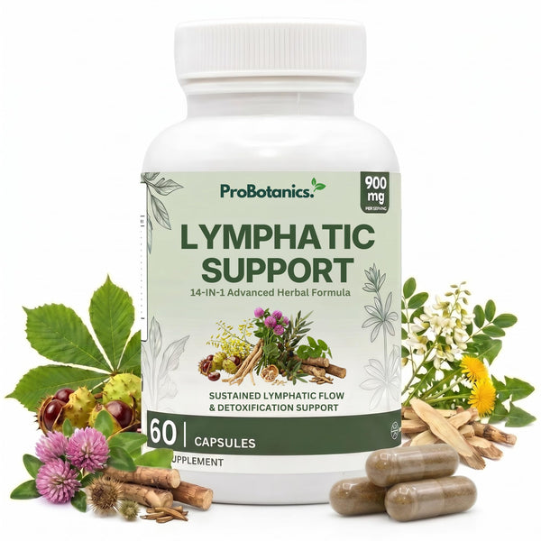 Lymphatic Support capsules — bottle front with 60 capsules label, surrounded by botanical ingredients