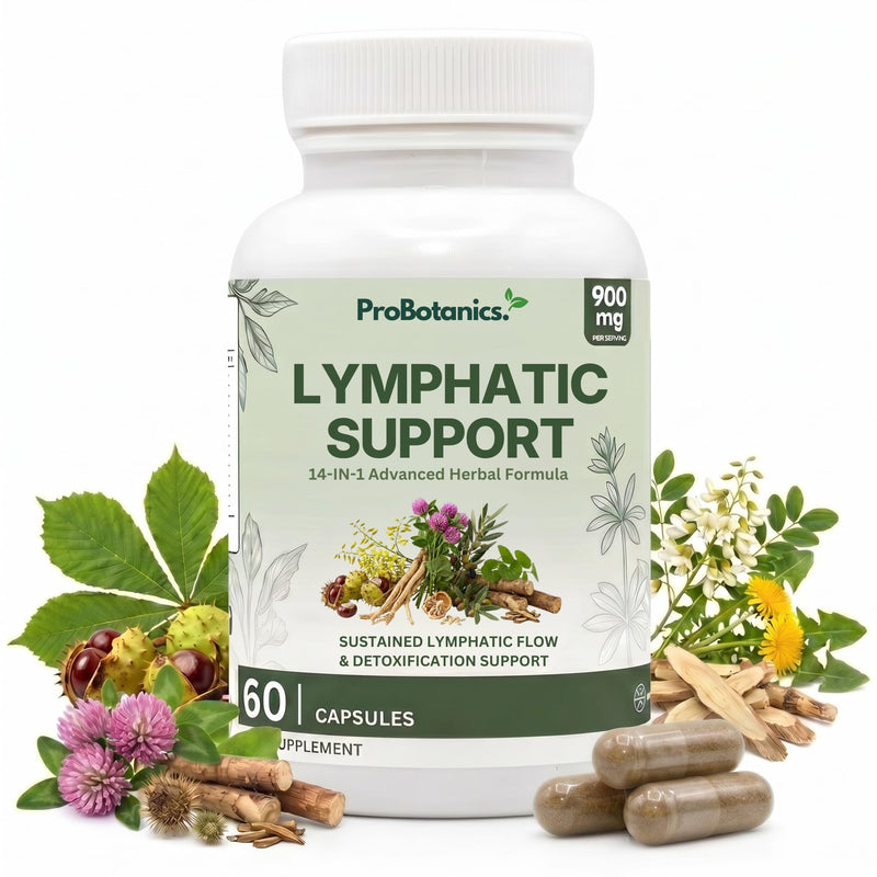 Lymphatic Support capsules — bottle front with 60 capsules label, surrounded by botanical ingredients