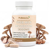 Tiger Milk Mushroom Capsules — bottle front with 9000mg label, loose capsules and dried mushrooms