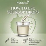 Soursop Liquid Drops — how-to-use graphic: pipette adding drops to a glass of water