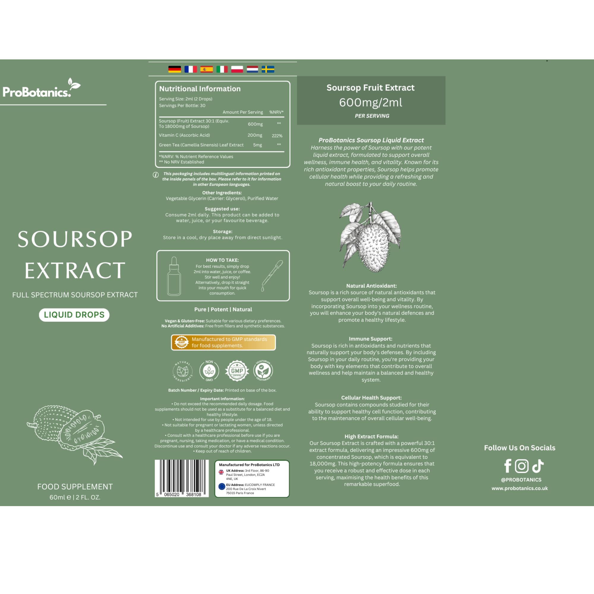 Soursop Liquid Drops — full label artwork with nutritional information and usage directions