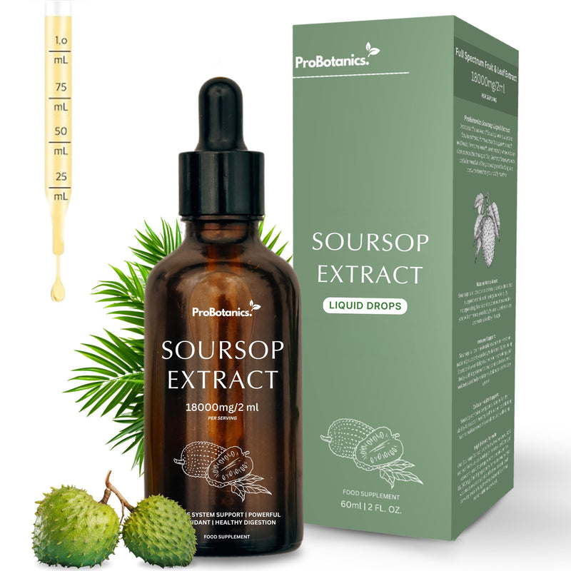 Soursop Liquid Drops — amber dropper bottle with box, pipette and fresh soursop fruit
