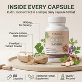 Kudzu capsules — open capsule showing fine root extract powder beside bottle on a plate