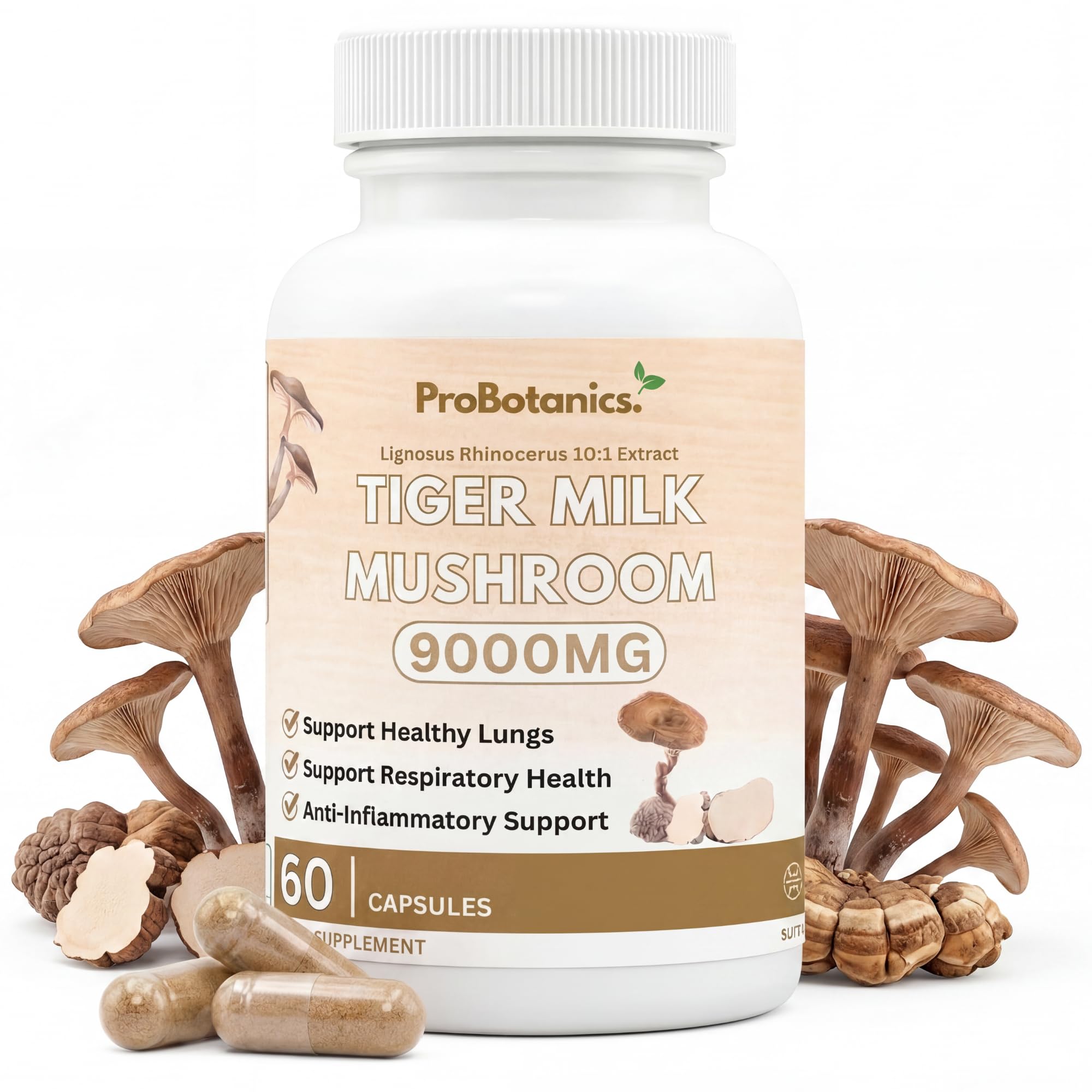 Tiger Milk Mushroom Capsules — bottle front with 9000mg label, loose capsules and dried mushrooms