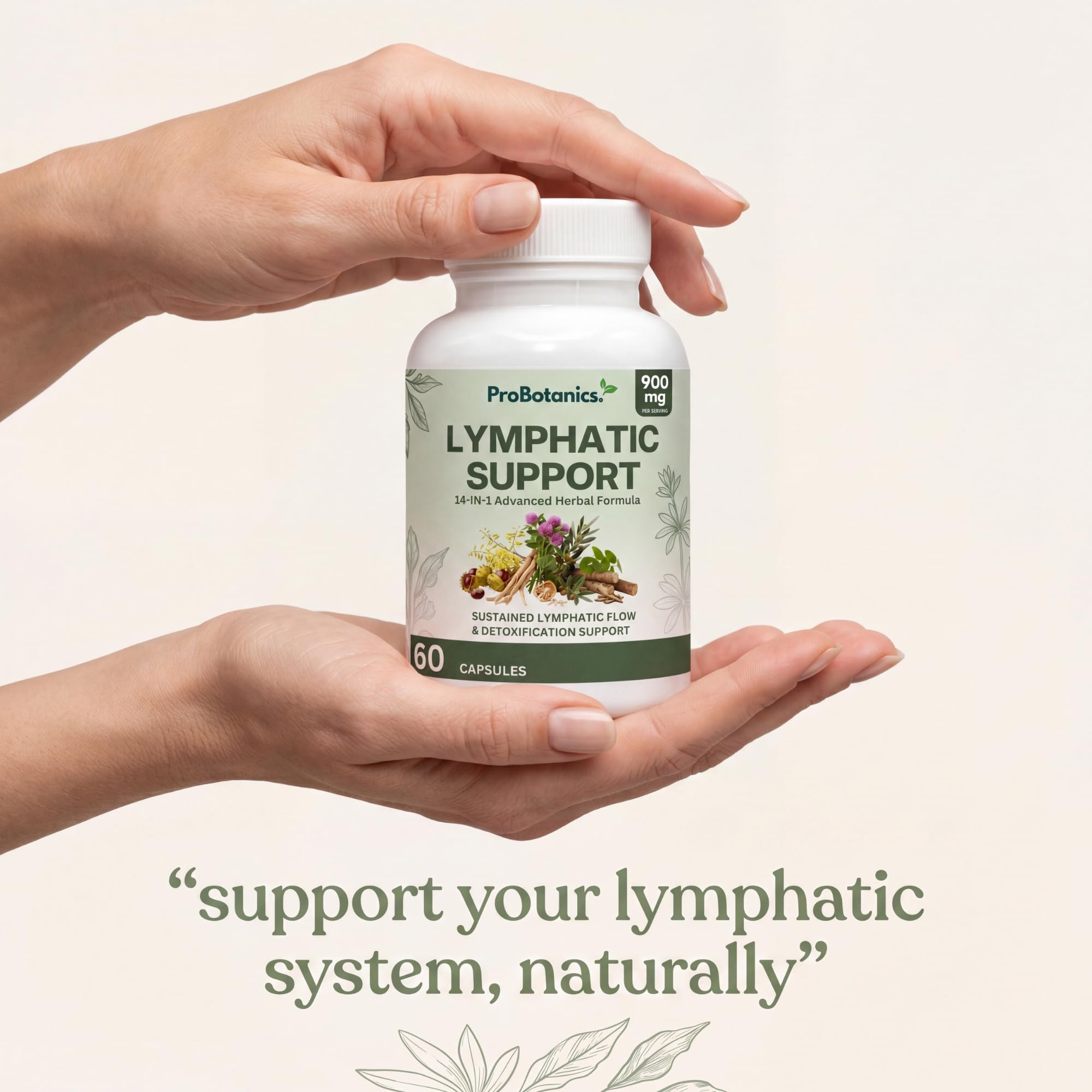 Lymphatic Support capsules — hands holding the 60-capsule bottle