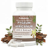 Pygeum Africanum capsules — bottle front with 60 capsules label, bark pieces and loose capsules