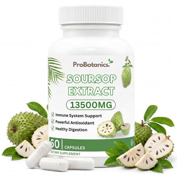 Soursop Extract capsules — bottle front with 13500mg label, whole fruit and loose capsules