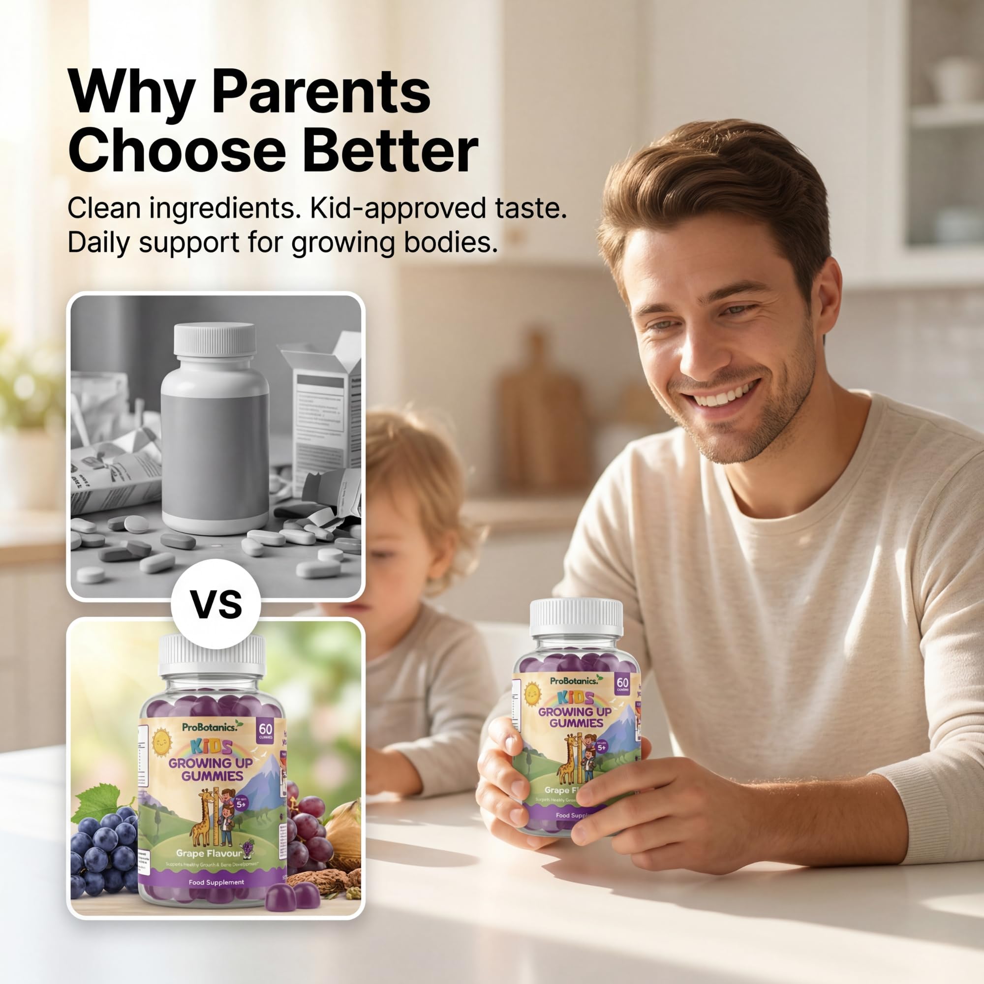 Kids Growing Up Gummies — parent holding bottle in kitchen, product comparison graphic