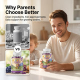 Kids Growing Up Gummies — parent holding bottle in kitchen, product comparison graphic