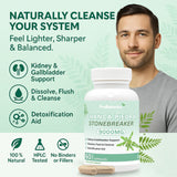 Chanca Piedra Stone Breaker capsules — product information graphic with bottle and man in background