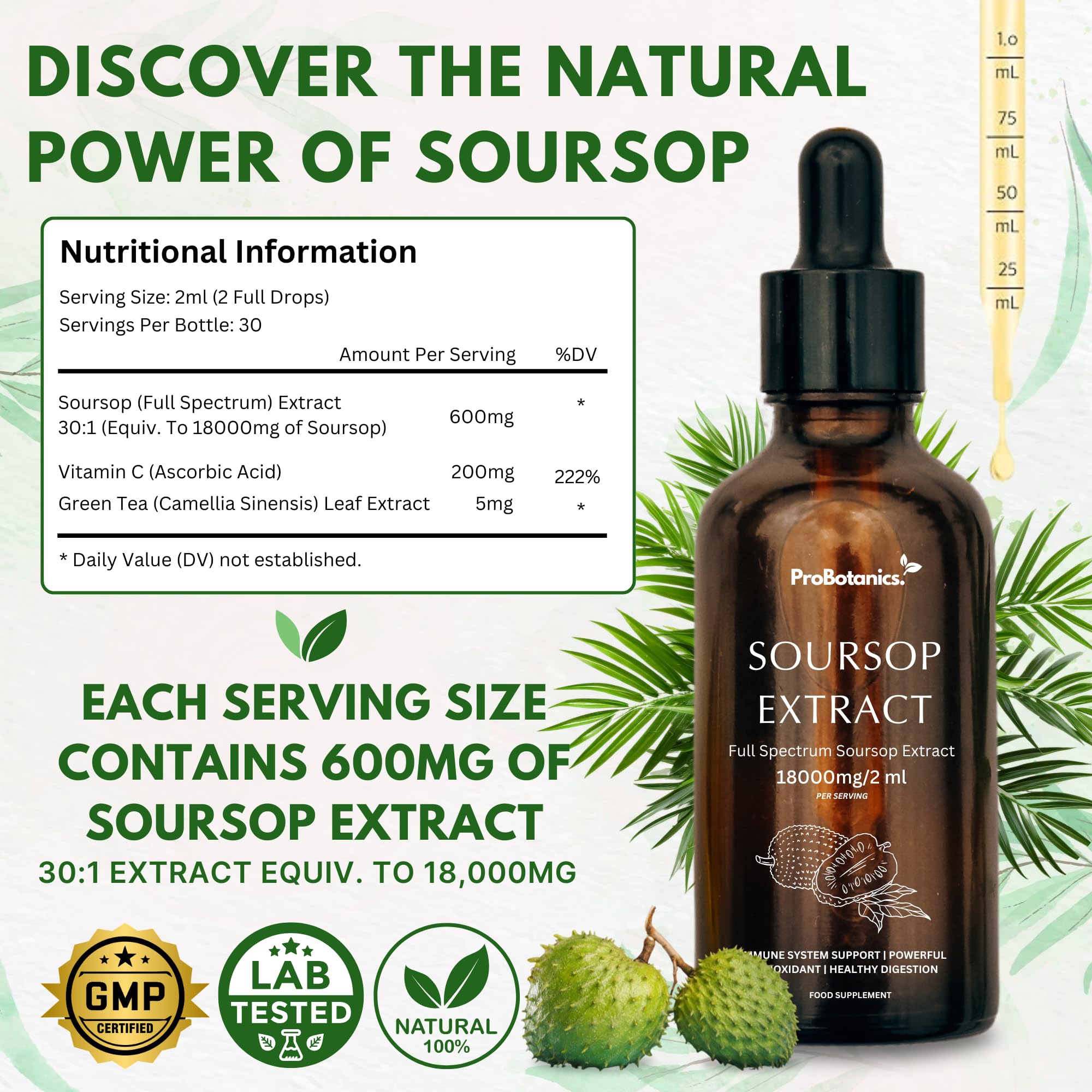 Soursop Liquid Drops — nutritional information panel showing 600 mg soursop extract per 2 ml serving