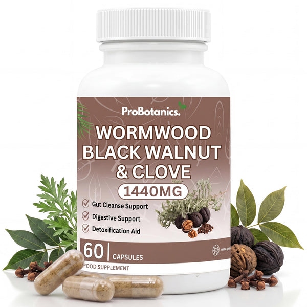 Wormwood Black Walnut and Clove — liquid drops bottle and box with pipette, botanical ingredients arranged around