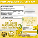 St John's Wort Capsules — supplement facts panel showing 900mg extract per two-capsule serving