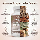 Pygeum Africanum capsules — split image of bottle and pygeum bark with product feature icons