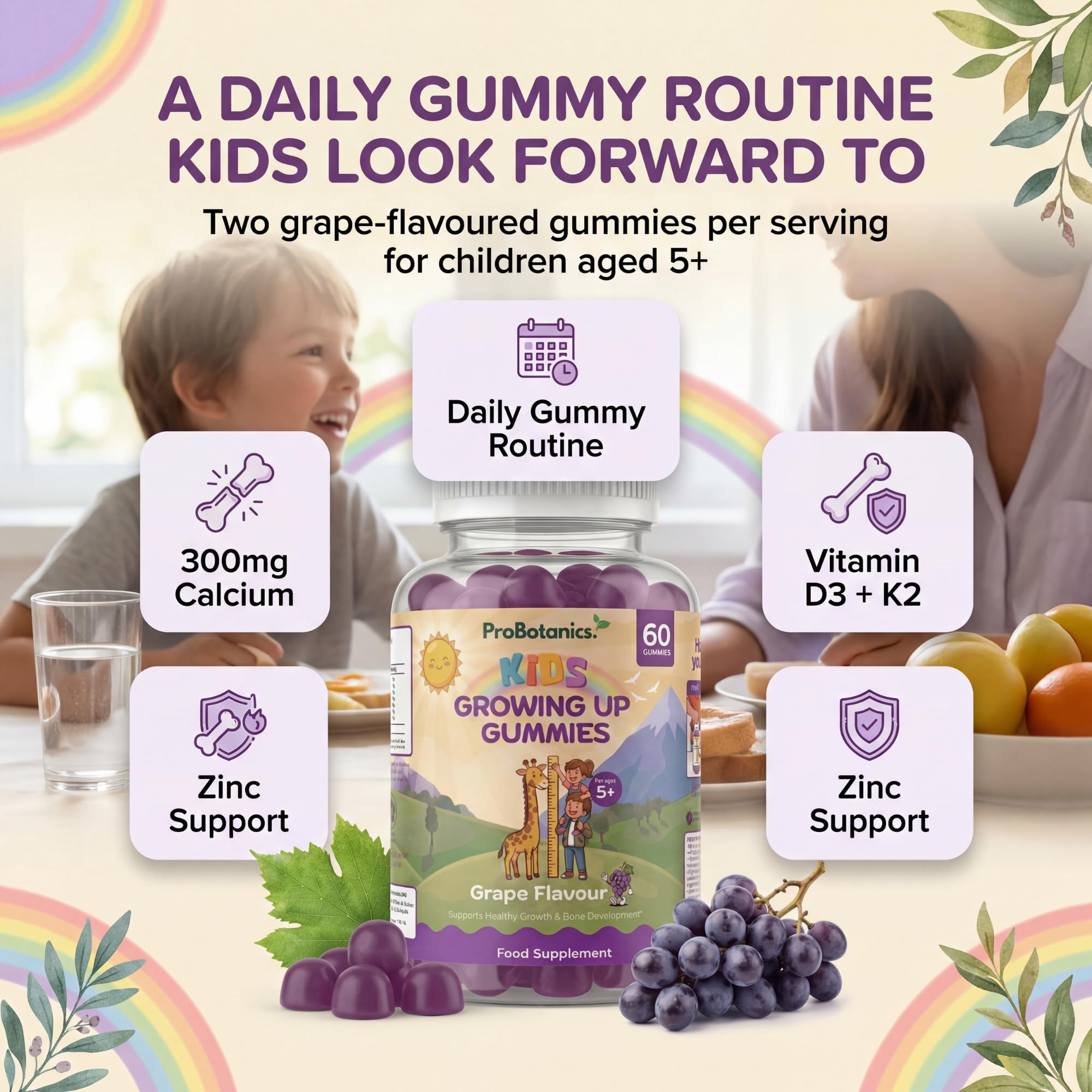 Kids Growing Up Gummies — bottle at family breakfast table with nutrient information tiles