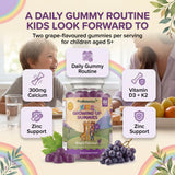 Kids Growing Up Gummies — bottle at family breakfast table with nutrient information tiles