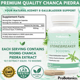 Chanca Piedra Stone Breaker capsules — supplement facts panel showing 900mg 10:1 extract per serving
