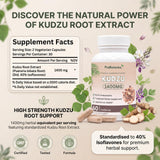 Kudzu capsules — supplement facts panel showing 1400mg root extract standardised to 40% isoflavones