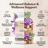Kudzu capsules — product information graphic with feature icons beside bottle and purple kudzu flowers