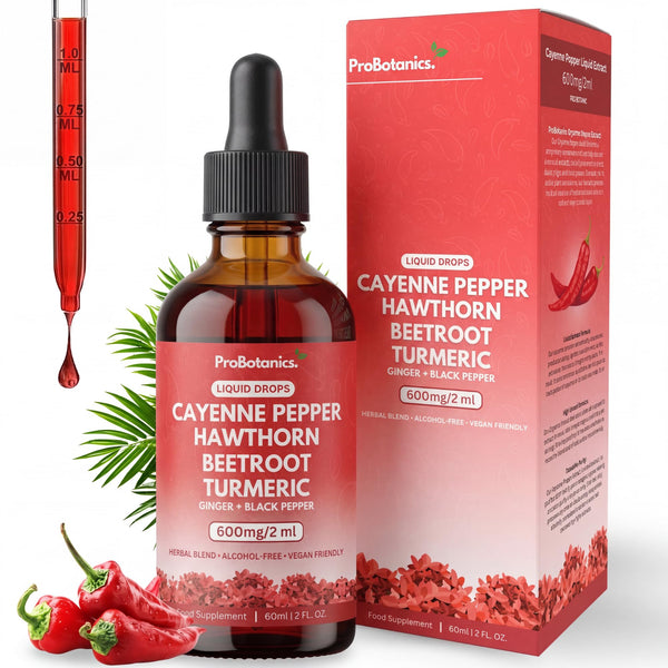 Cayenne Pepper Drops — bottle and box front with filled dropper and fresh chillies