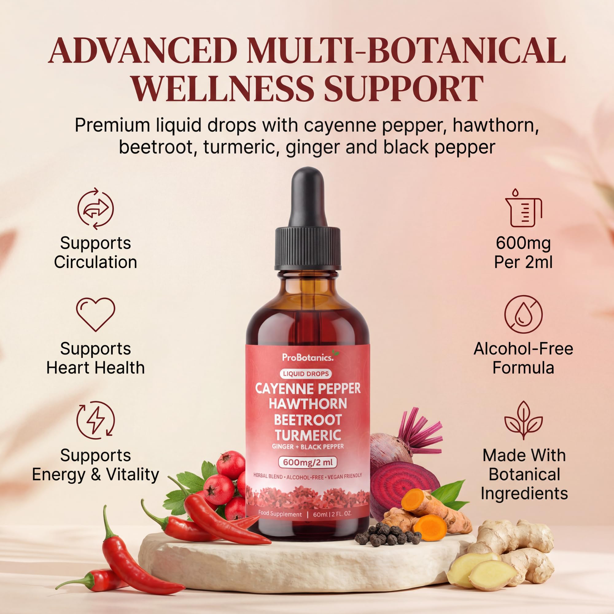 Cayenne Pepper Drops — bottle with six botanical ingredients and formula icons