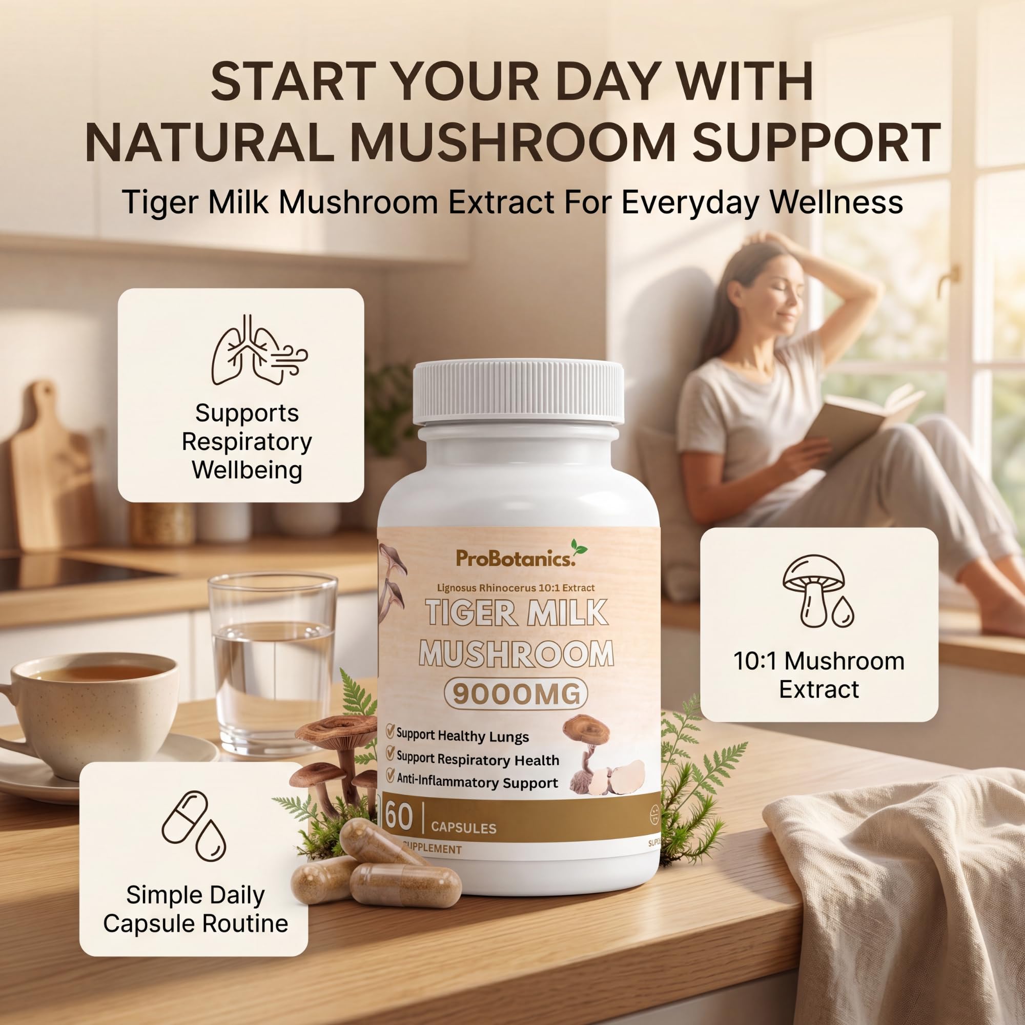 Tiger Milk Mushroom Capsules — bottle on kitchen counter lifestyle scene with woman reading