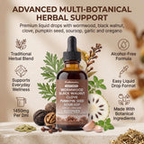 Wormwood, Black Walnut and Clove Liquid Drops — bottle with botanical ingredients and product feature icons