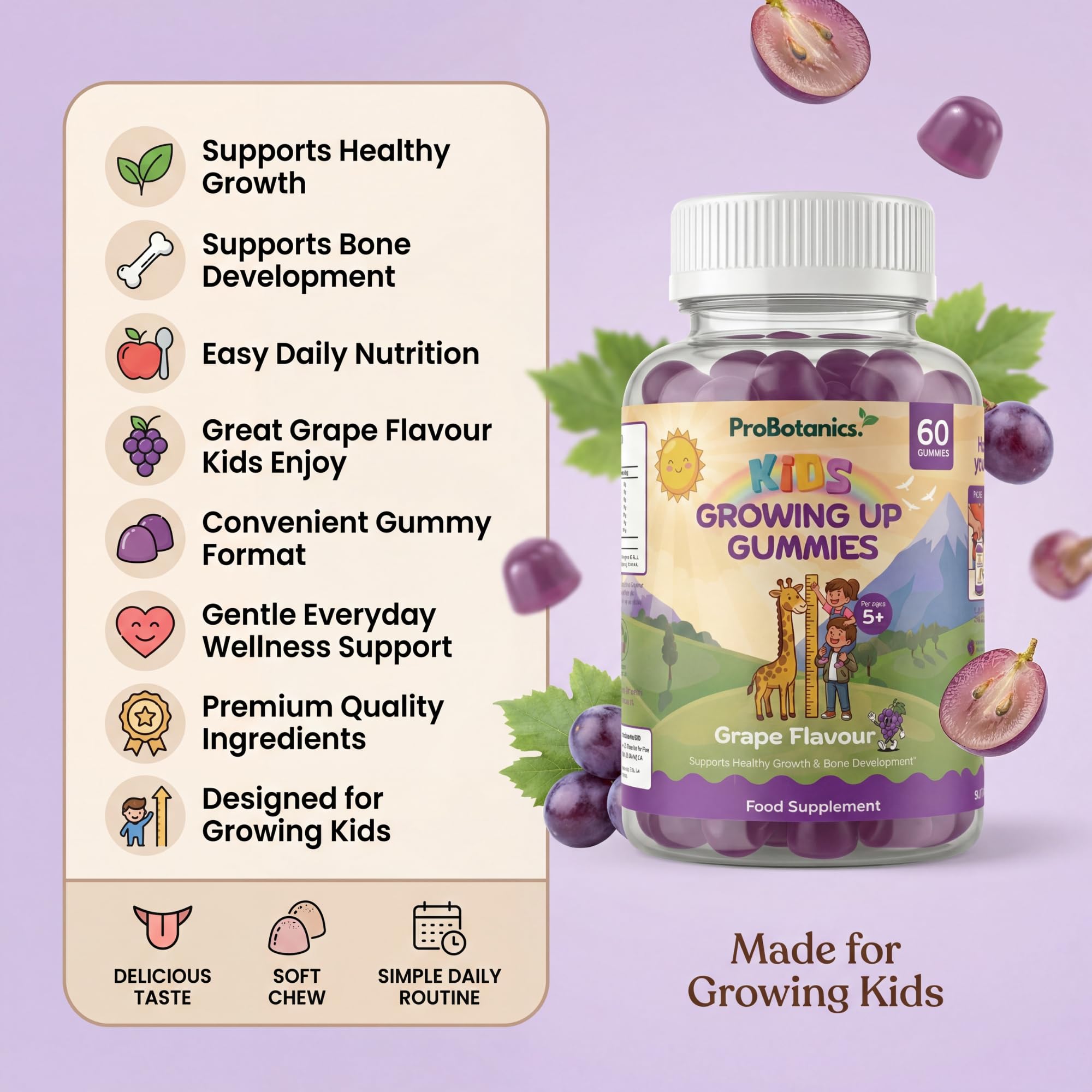 Kids Growing Up Gummies — product feature checklist beside bottle with grapes