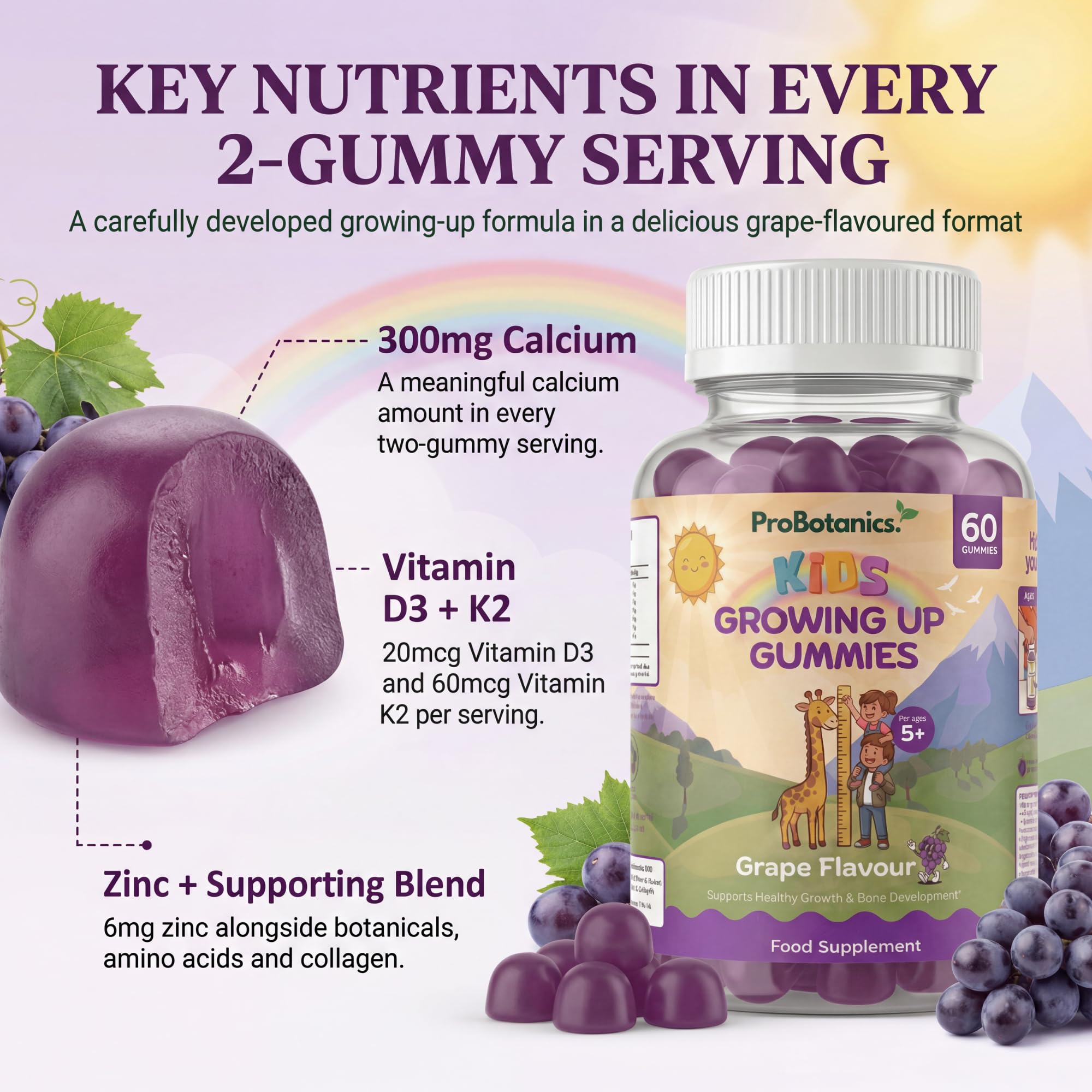 Kids Growing Up Gummies — cut gummy close-up with per-serving nutrient amounts