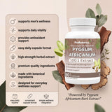 Pygeum Africanum capsules — bottle with bark and leaves beside a product feature list