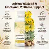 St John's Wort Capsules — product information graphic with bottle, flowers and feature icons