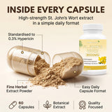 St John's Wort Capsules — open capsule showing fine herbal extract powder beside the bottle