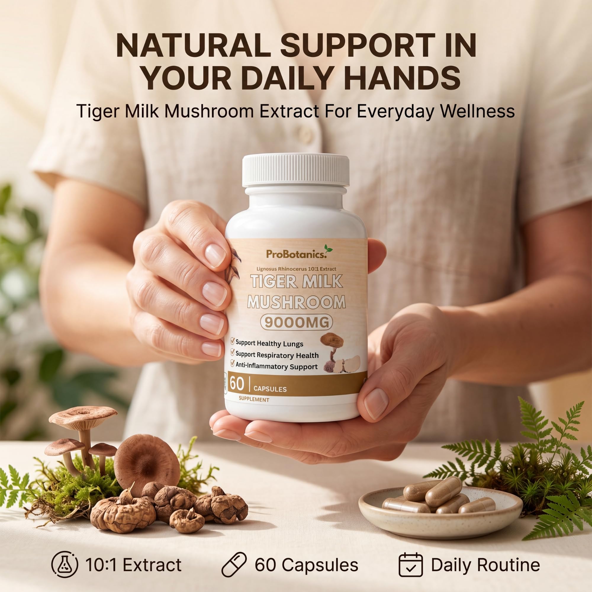 Tiger Milk Mushroom Capsules — hands holding bottle above dried mushrooms and capsules in a dish