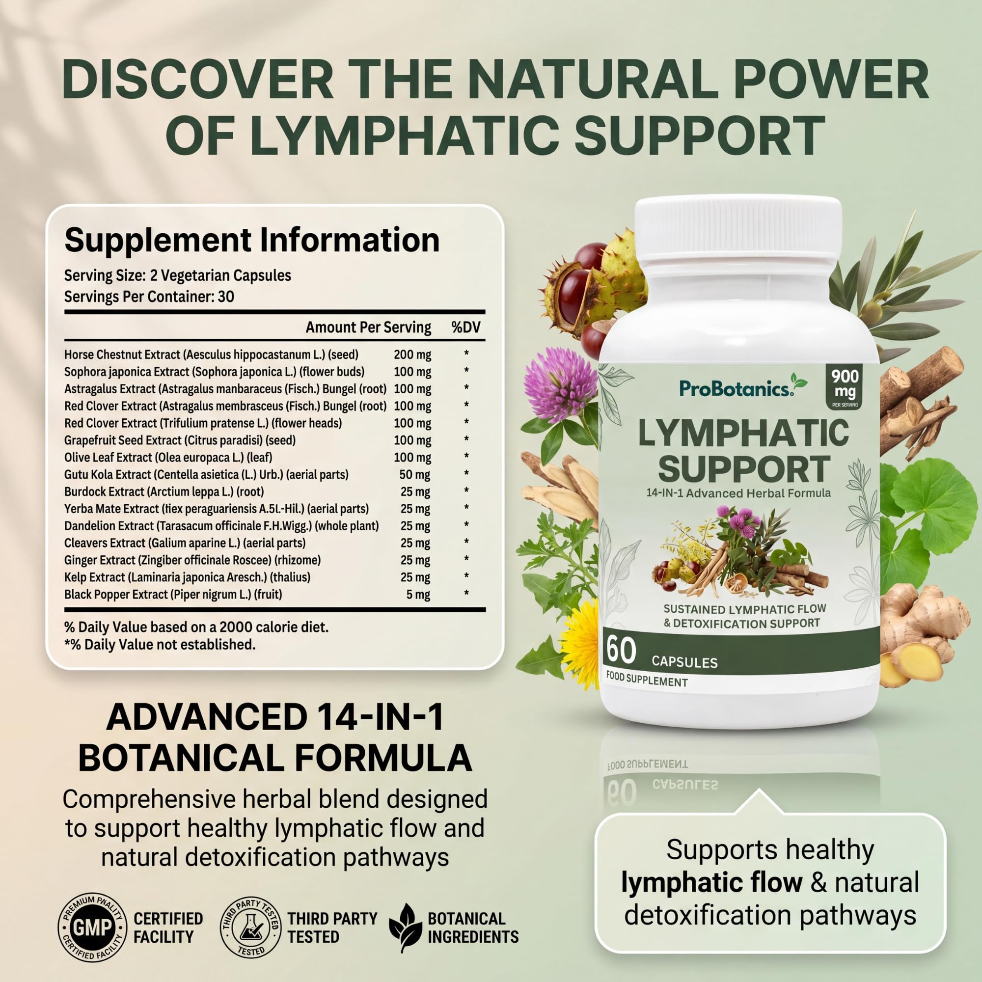 Lymphatic Support capsules — supplement information panel listing 14 herbal extracts per serving