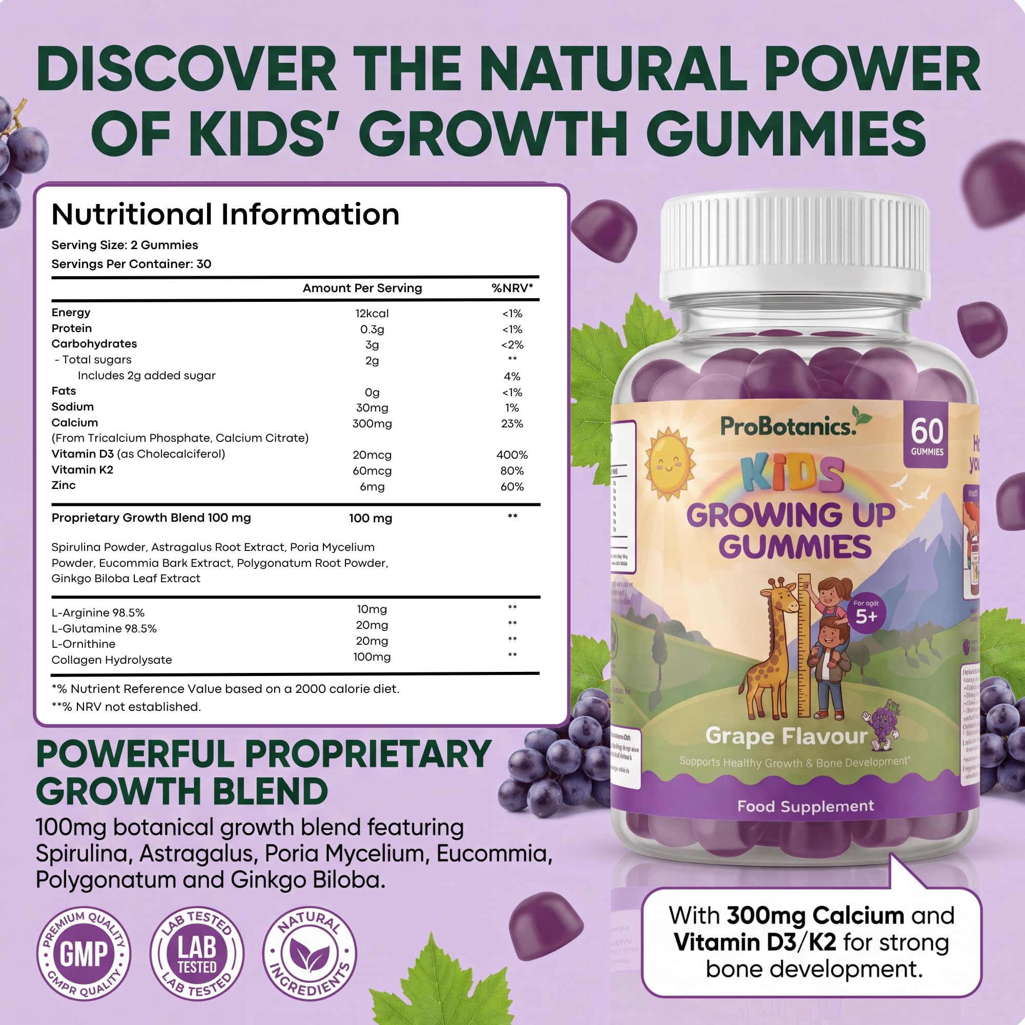 Kids Growing Up Gummies — nutritional information panel listing calcium, vitamin D3, K2 and zinc