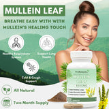 Mullein Leaf capsules — product information graphic with bottle, feature icons and smiling woman