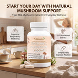 Tiger Milk Mushroom Capsules — bottle on kitchen counter lifestyle scene with woman reading