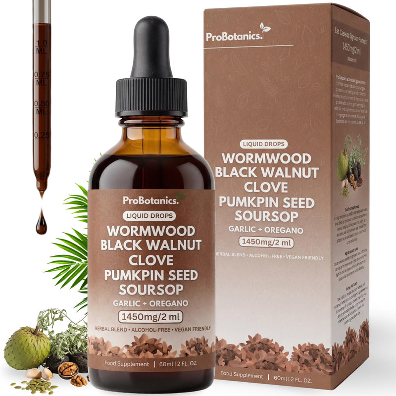 Wormwood, Black Walnut and Clove Liquid Drops — 60ml amber dropper bottle with box, pipette and botanical ingredients