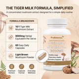 Tiger Milk Mushroom Capsules — formula breakdown graphic with capsule close-up showing light brown powder